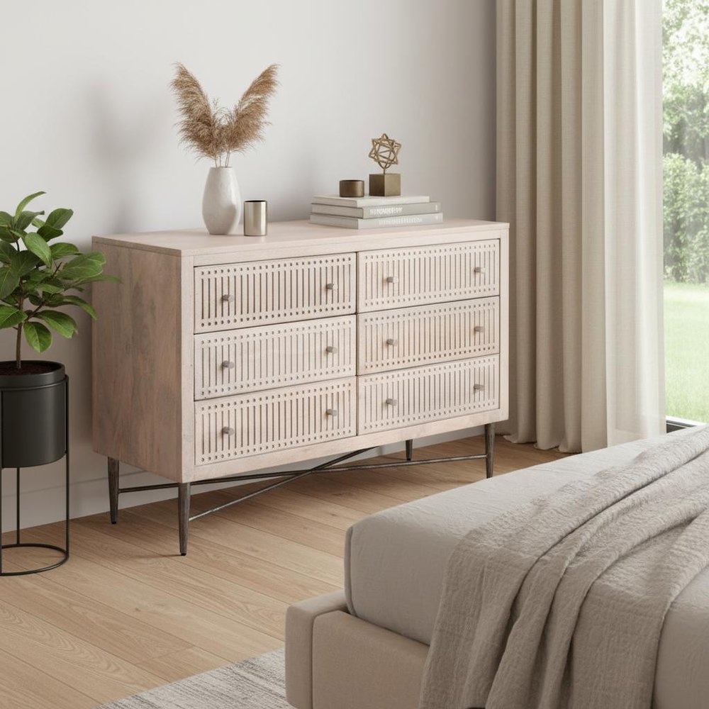 Brushed Ivory Solid Wood Six Drawer Double Dresser - 48-inch