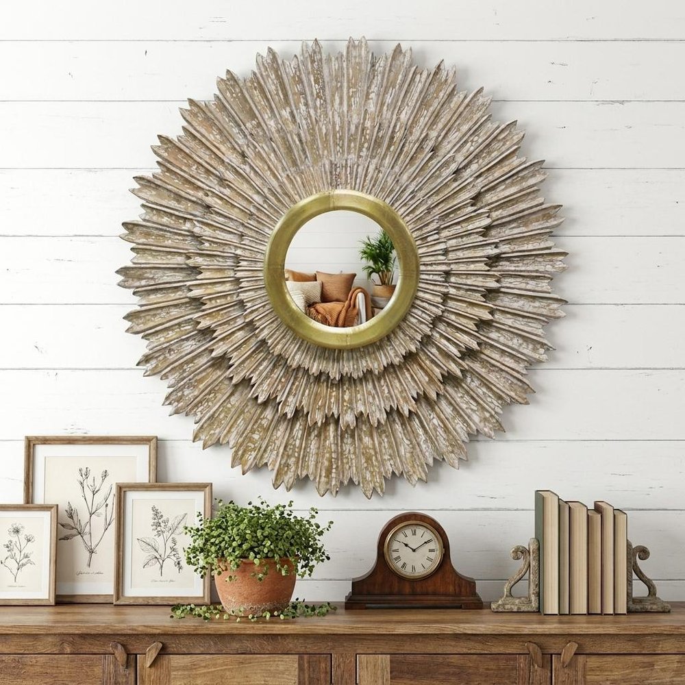 Antiqued Gold Sunburst Wood and Metal Framed Accent Mirror - 44-inch