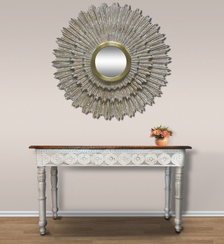 Antiqued Gold Sunburst Wood and Metal Framed Accent Mirror - 44-inch