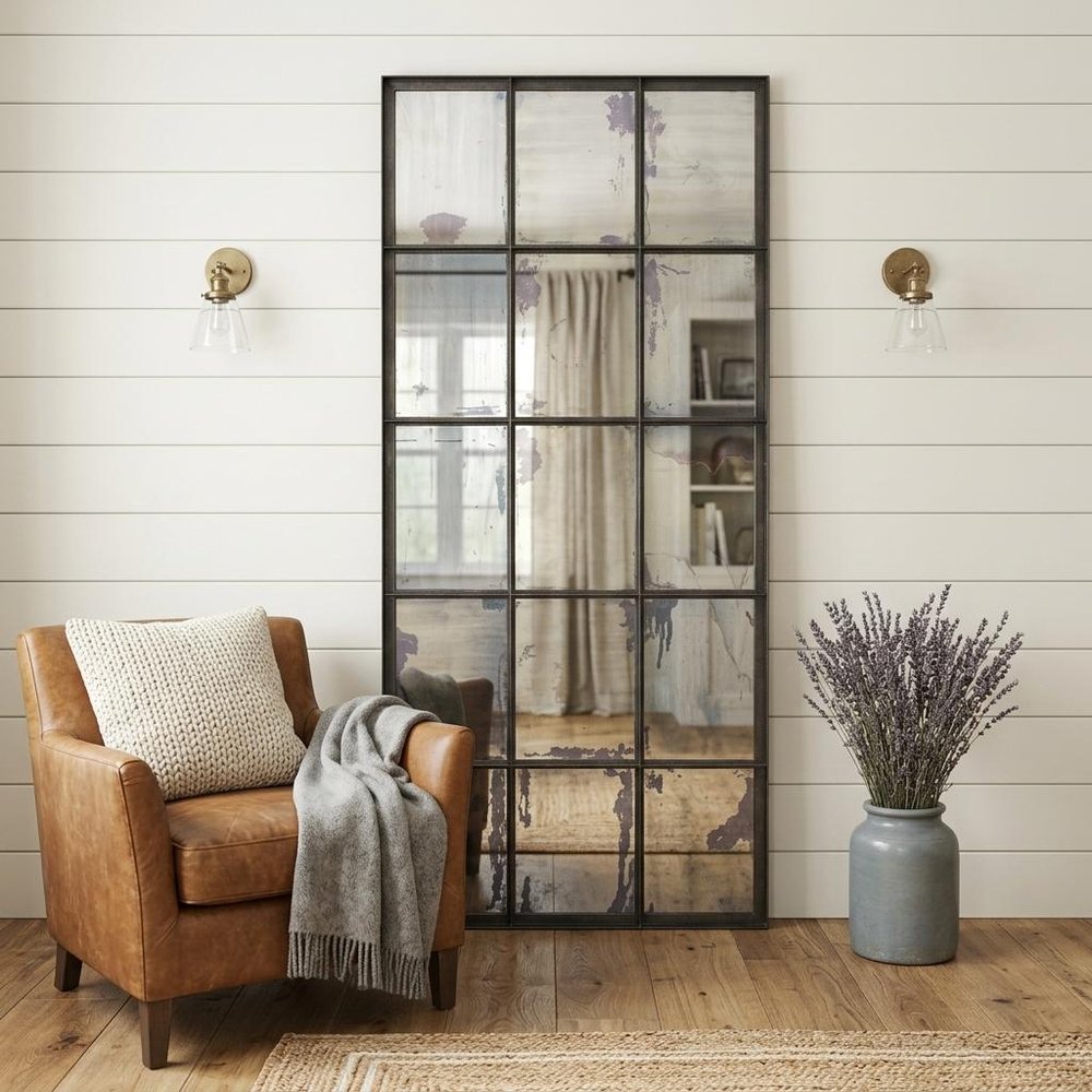 Black Metal Framed Full Length Antiqued Glass Hanging Mirror - 72-inch
