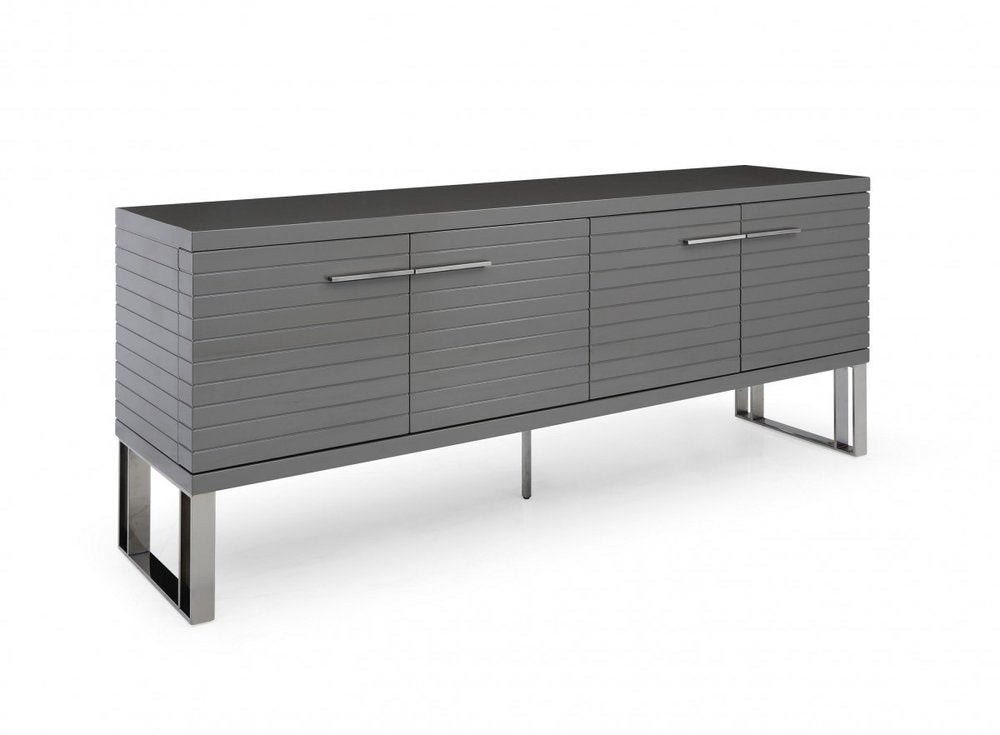 Gray Solid Wood Ribbed Texture Buffet Table with Four Doors - 79-inch