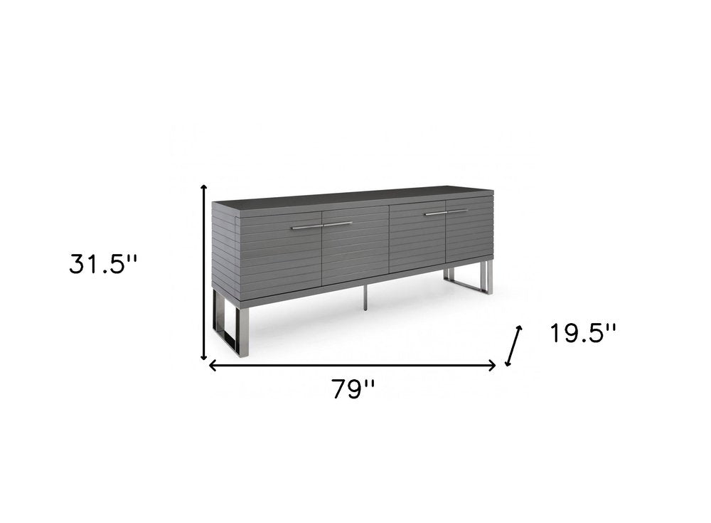 Gray Solid Wood Ribbed Texture Buffet Table with Four Doors - 79-inch