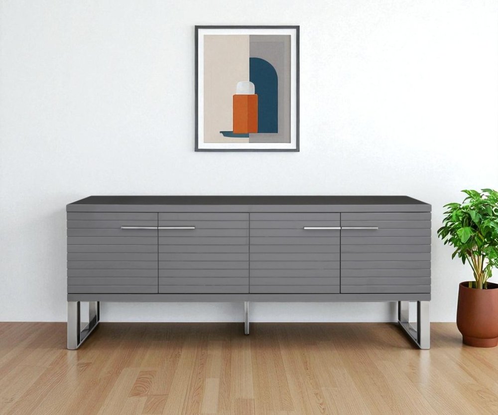 Gray Solid Wood Ribbed Texture Buffet Table with Four Doors - 79-inch