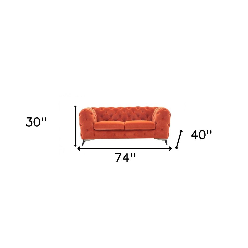 Orange and Silver Velvet Chesterfield Loveseat - 74-inch
