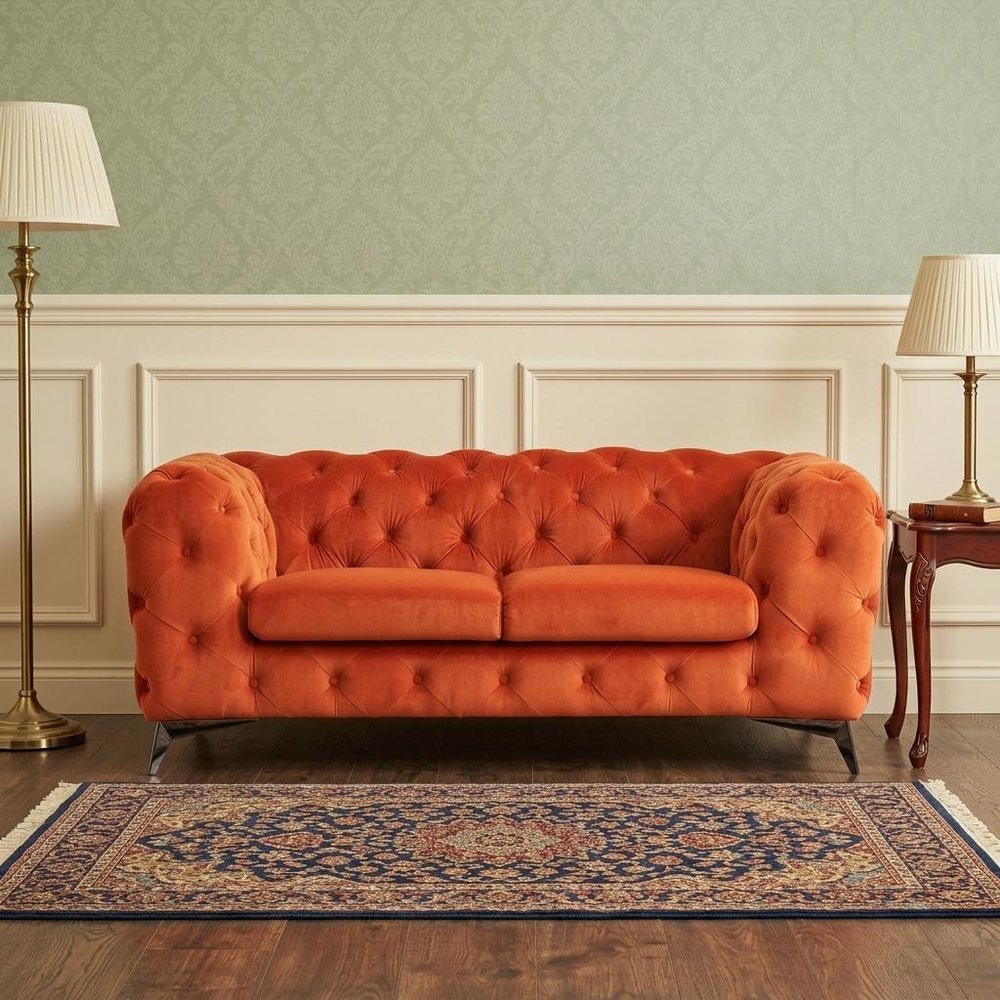 Orange and Silver Velvet Chesterfield Loveseat - 74-inch
