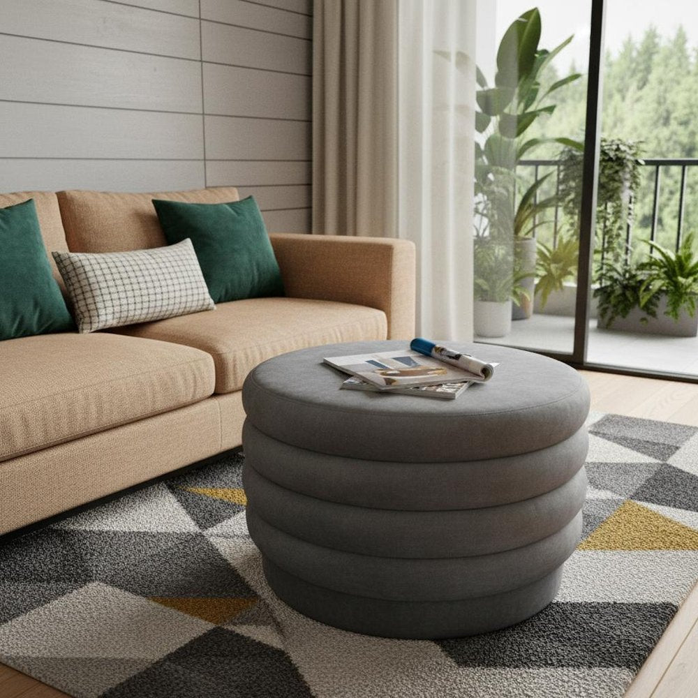Gray Velvet Tufted Round Cocktail Ottoman - 31-inch