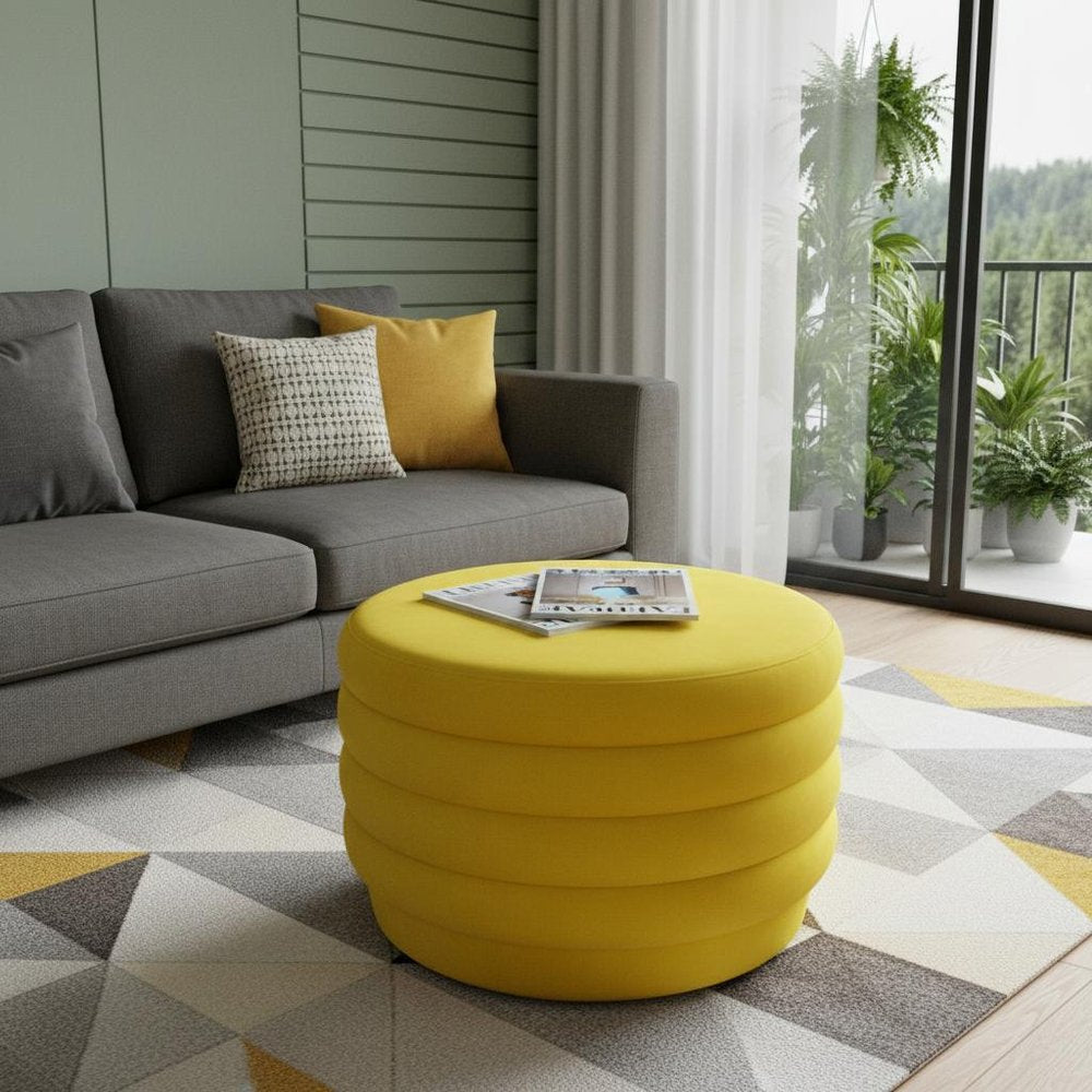 Yellow Velvet Tufted Round Cocktail Ottoman - 31-inch