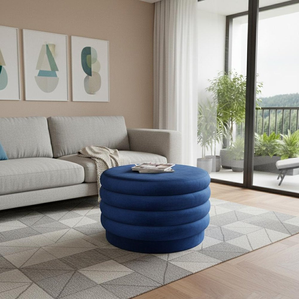 Blue Velvet Tufted Round Cocktail Ottoman - 31-inch
