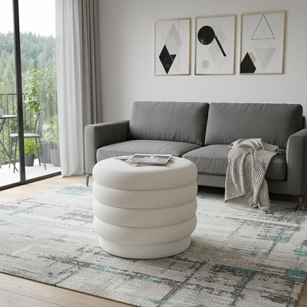 White Velvet Tufted Round Cocktail Ottoman - 21-inch