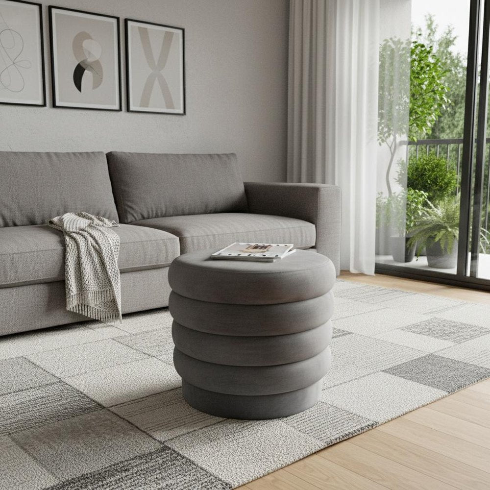 Gray Velvet Tufted Round Cocktail Ottoman - 21-inch