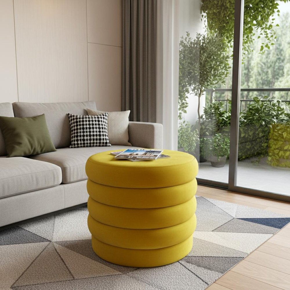 Yellow Velvet Tufted Round Cocktail Ottoman - 21-inch