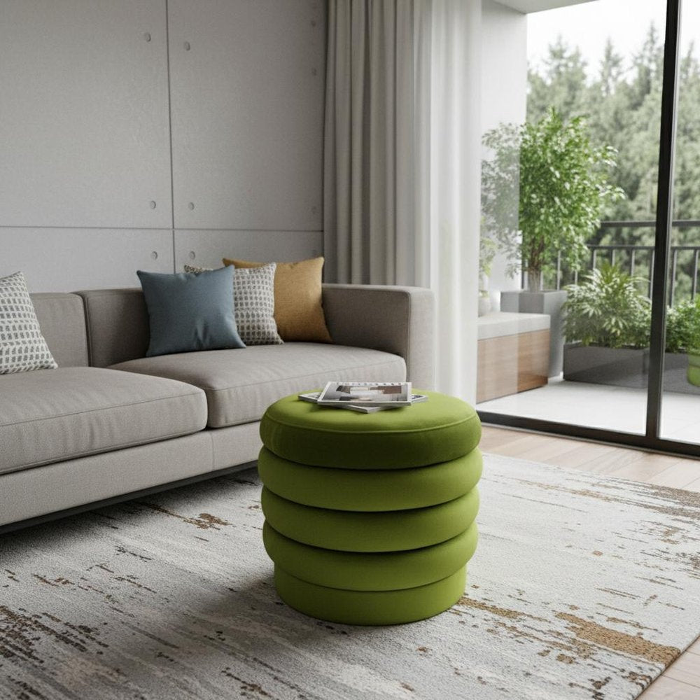 Green Velvet Tufted Round Cocktail Ottoman - 21-inch