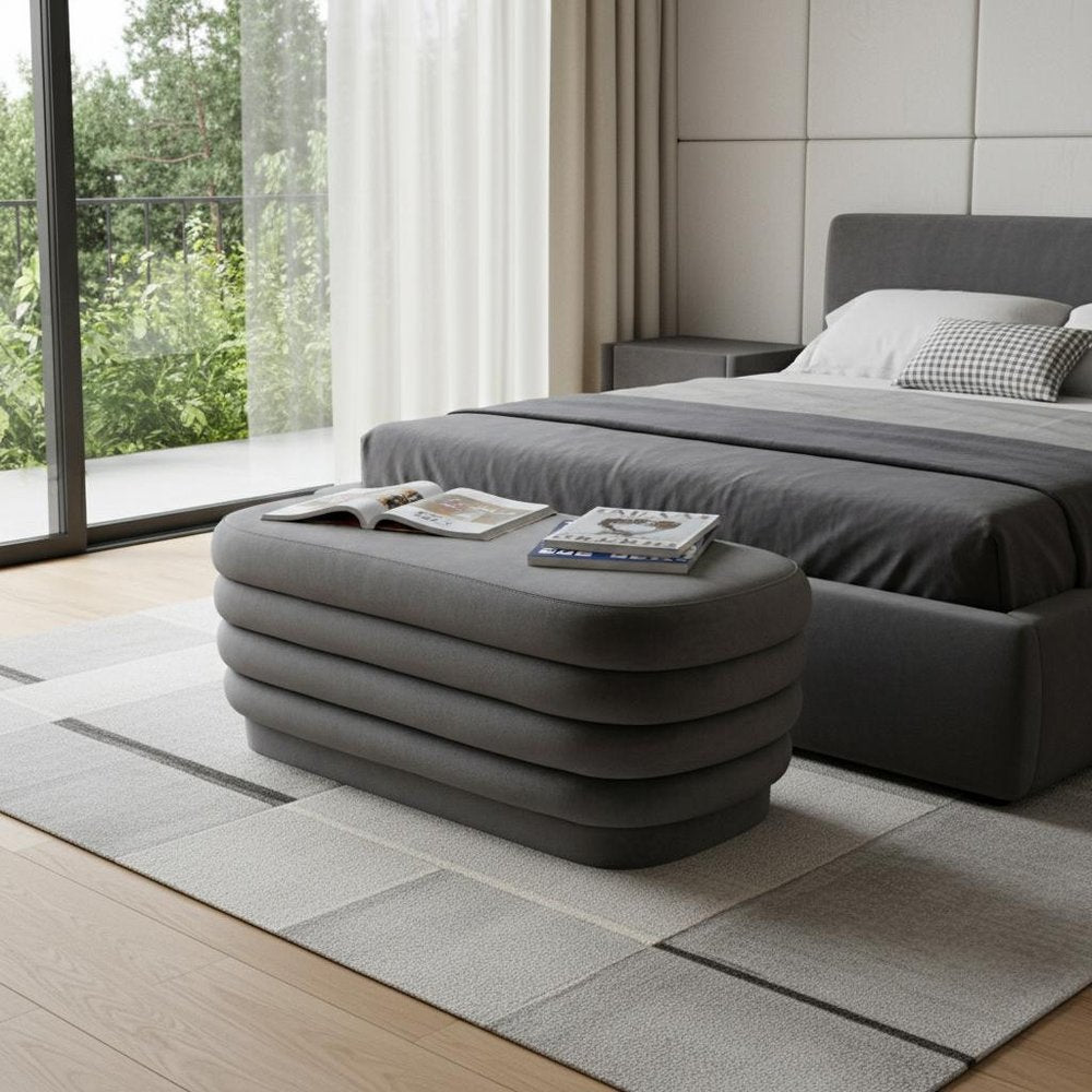 Gray Velvet Tufted Oval Ottoman - 44-inch
