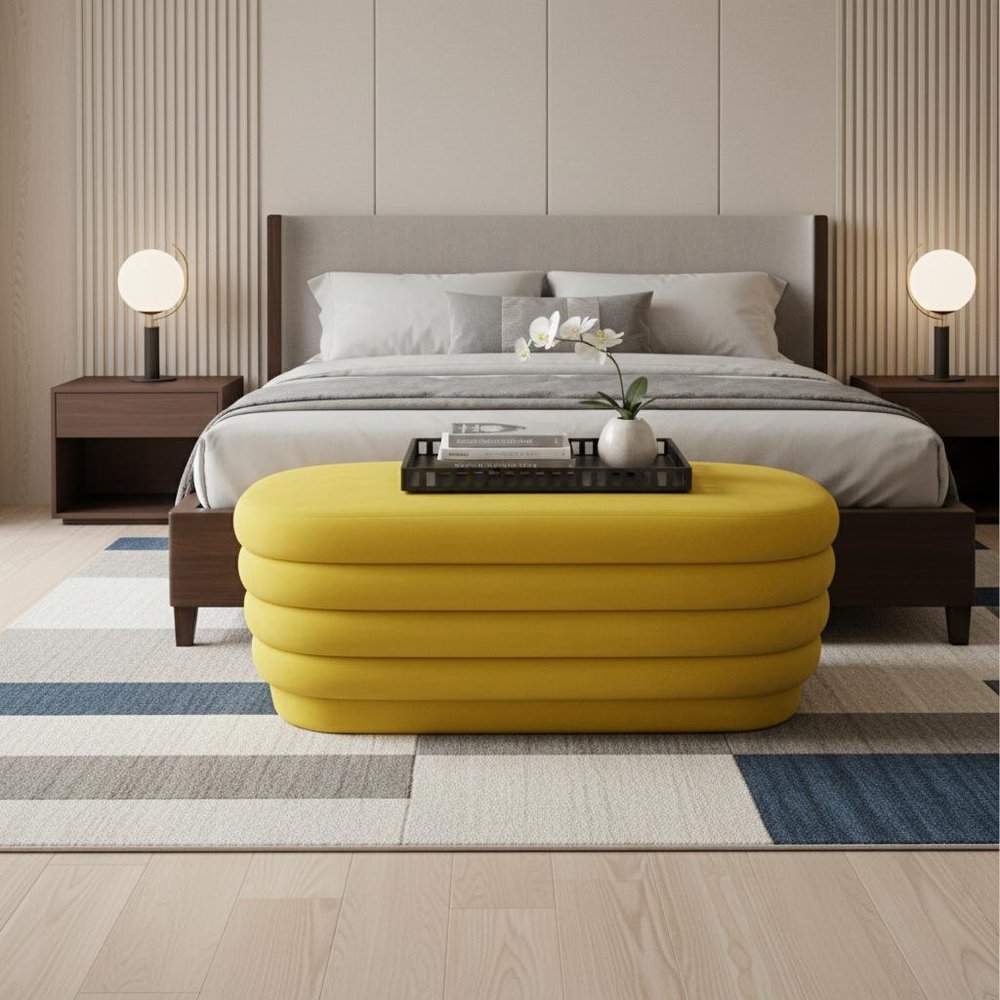 Yellow Velvet Tufted Oval Ottoman - 44-inch
