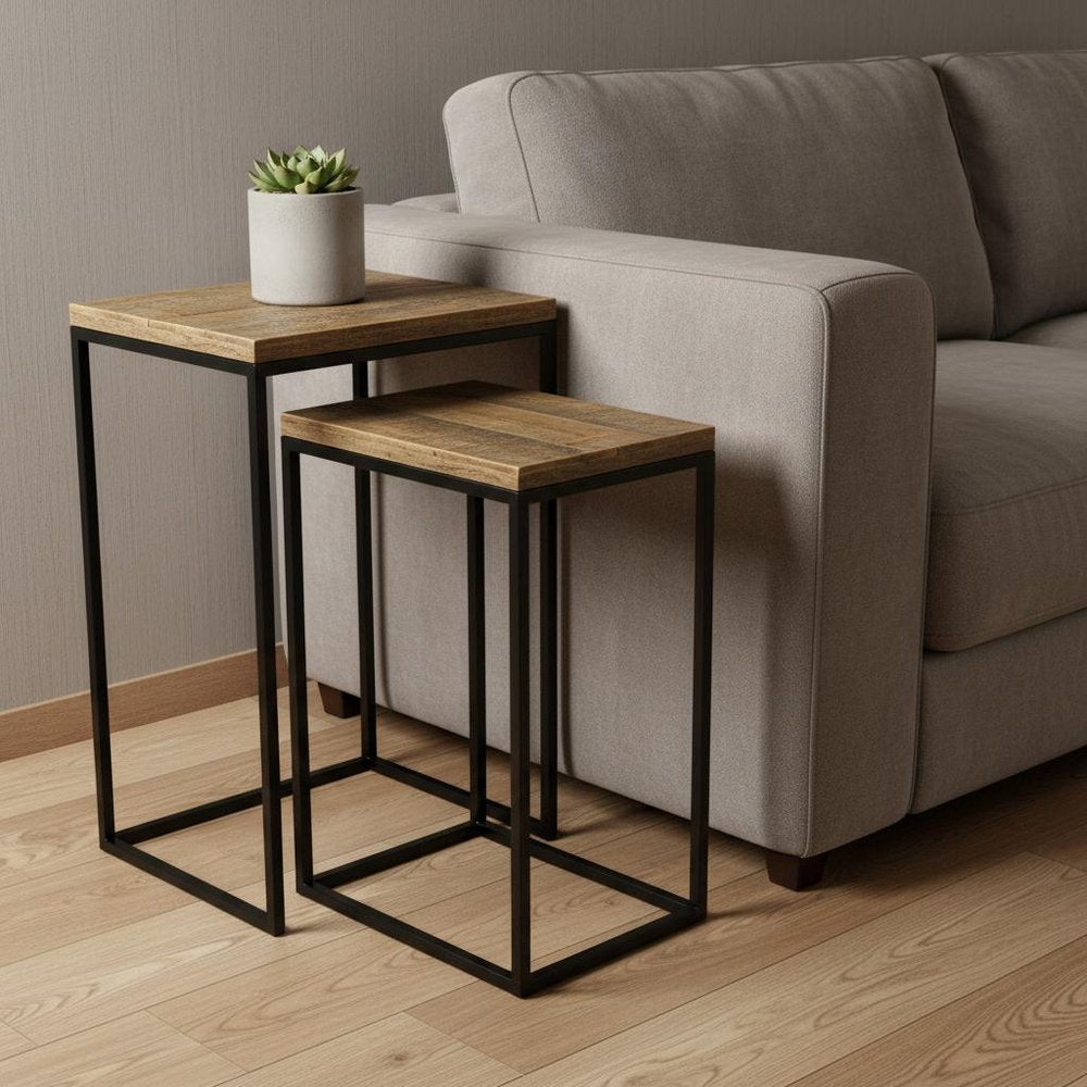Set of Two 24 Black and Brown Solid Wood Nested Tables