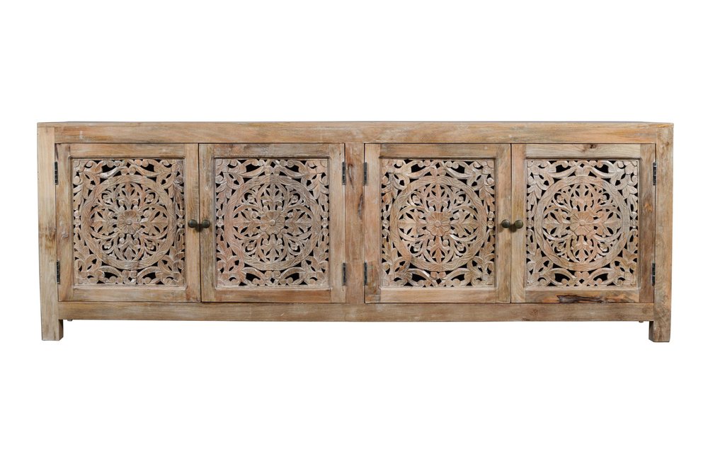 Natural Carved Floral Distressed Solid Wood Enclosed Storage TV Stand