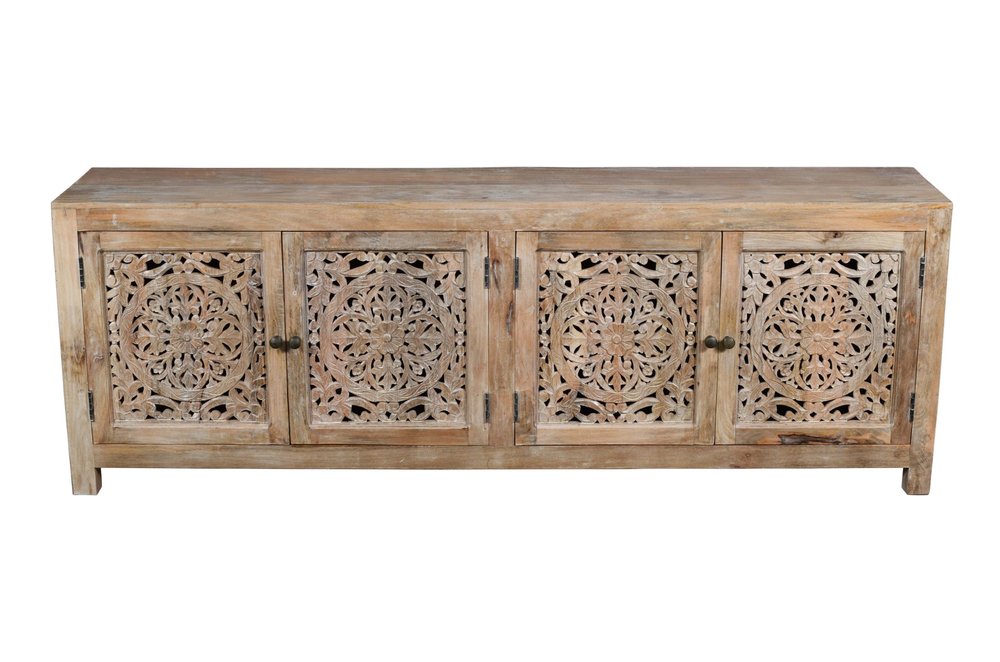 Natural Carved Floral Distressed Solid Wood Enclosed Storage TV Stand