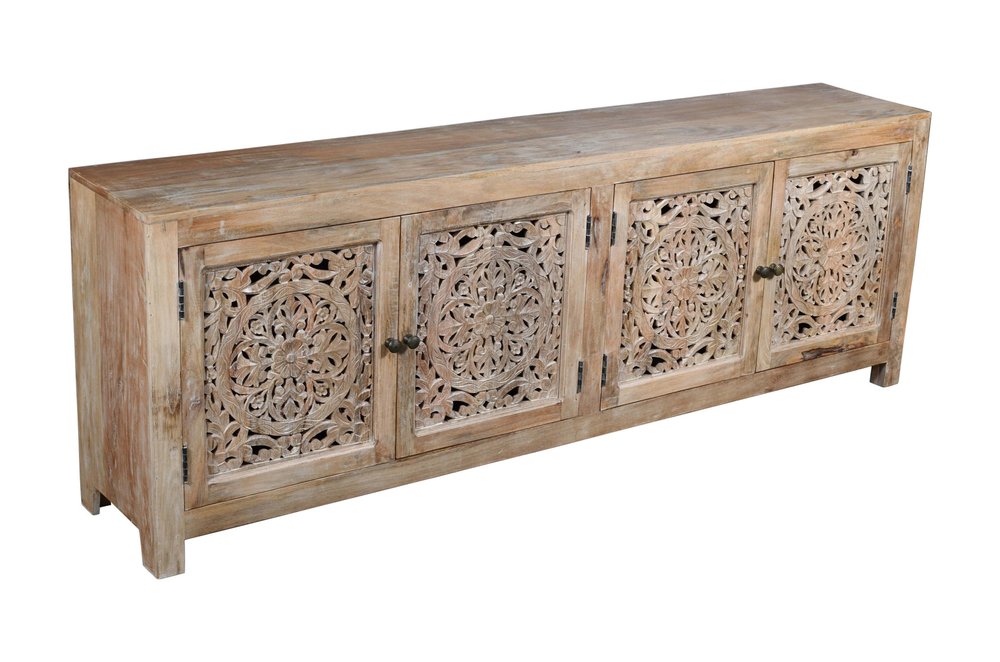 Natural Carved Floral Distressed Solid Wood Enclosed Storage TV Stand