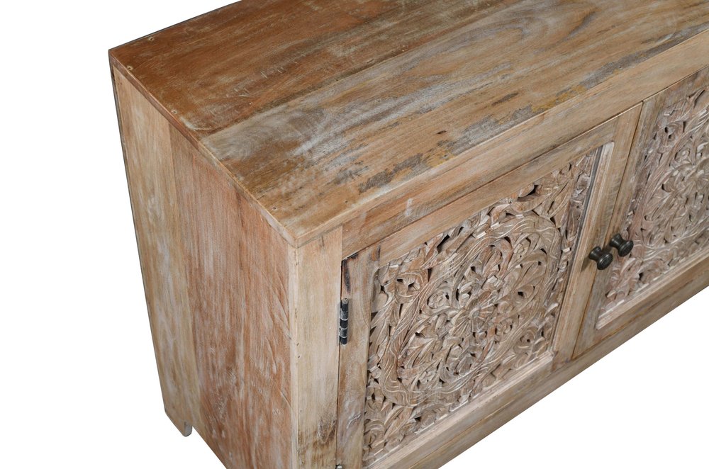 Natural Carved Floral Distressed Solid Wood Enclosed Storage TV Stand
