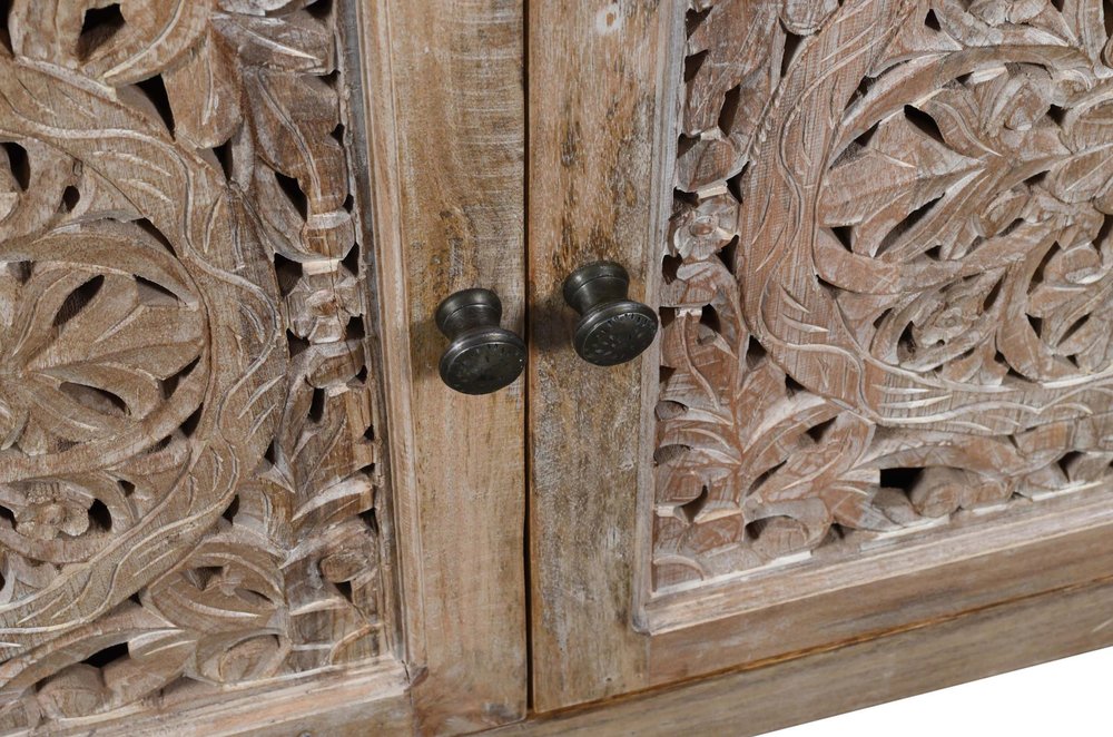 Natural Carved Floral Distressed Solid Wood Enclosed Storage TV Stand