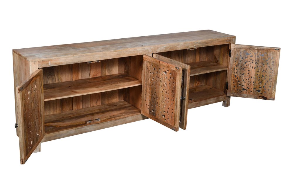 Natural Carved Floral Distressed Solid Wood Enclosed Storage TV Stand