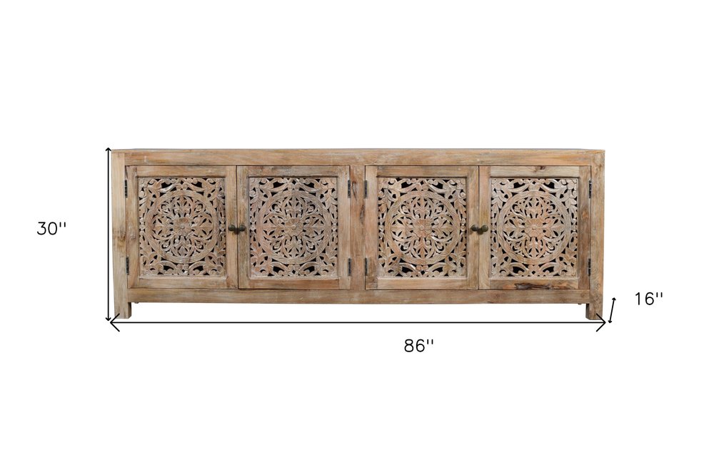 Natural Carved Floral Distressed Solid Wood Enclosed Storage TV Stand