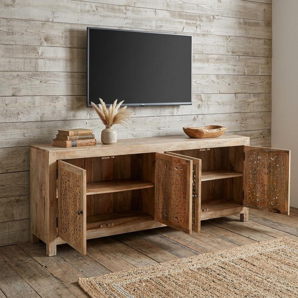 Natural Carved Floral Distressed Solid Wood Enclosed Storage TV Stand