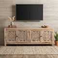 Natural Carved Floral Distressed Solid Wood Enclosed Storage TV Stand