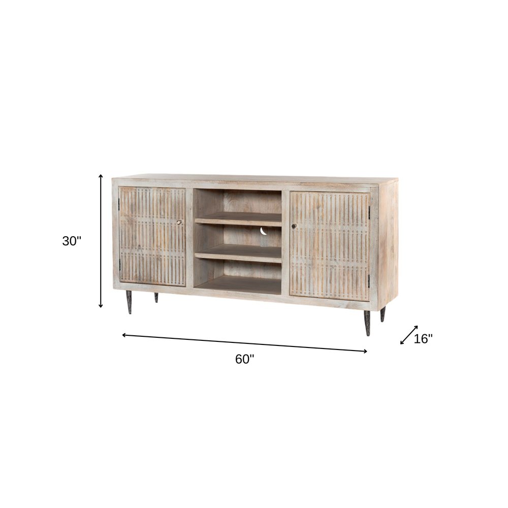 Ivory Carved Geometric Distressed Solid Wood Enclosed and Open Storage TV Stand