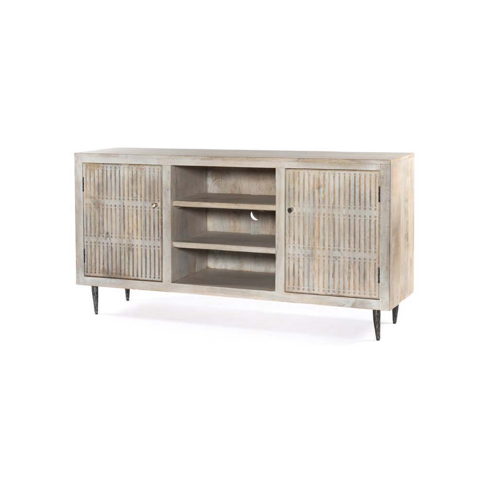 Ivory Carved Geometric Distressed Solid Wood Enclosed and Open Storage TV Stand