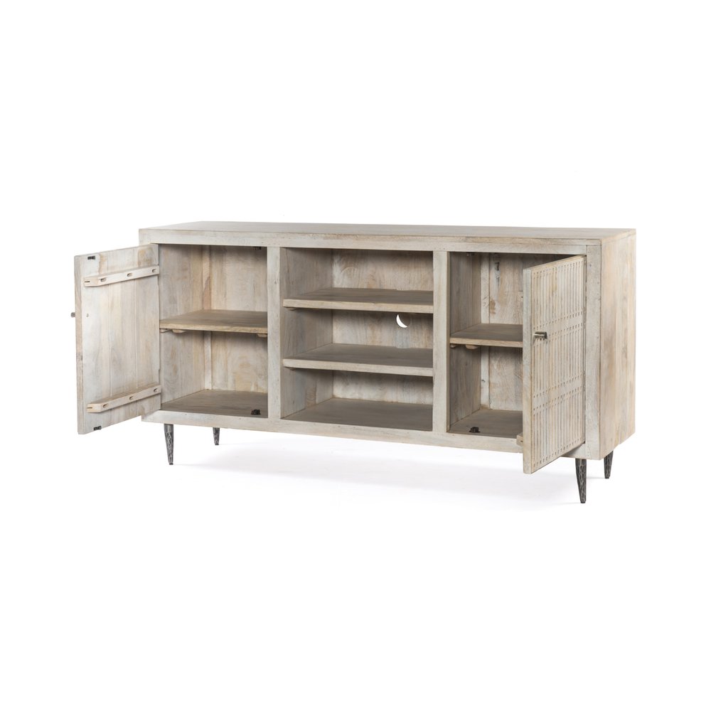 Ivory Carved Geometric Distressed Solid Wood Enclosed and Open Storage TV Stand