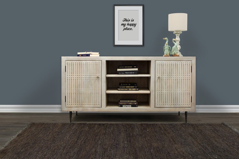 Ivory Carved Geometric Distressed Solid Wood Enclosed and Open Storage TV Stand