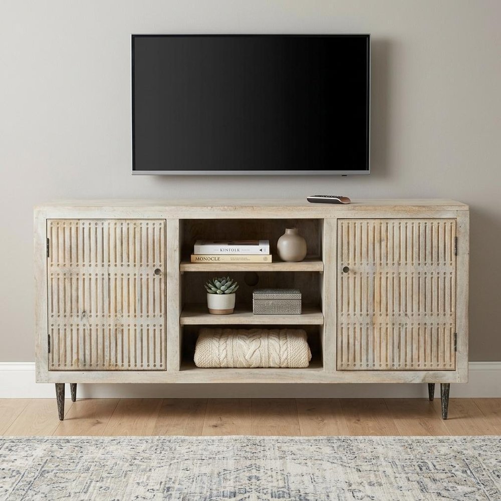 Ivory Carved Geometric Distressed Solid Wood Enclosed and Open Storage TV Stand