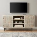Ivory Carved Geometric Distressed Solid Wood Enclosed and Open Storage TV Stand