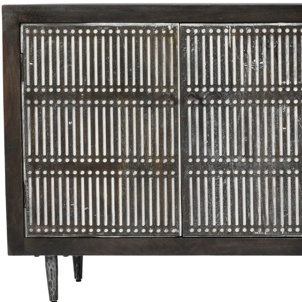 Dark Brown Carved Geometric Distressed Solid Wood Enclosed and Open Storage TV Stand