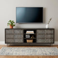 Dark Brown Carved Geometric Distressed Solid Wood Enclosed and Open Storage TV Stand
