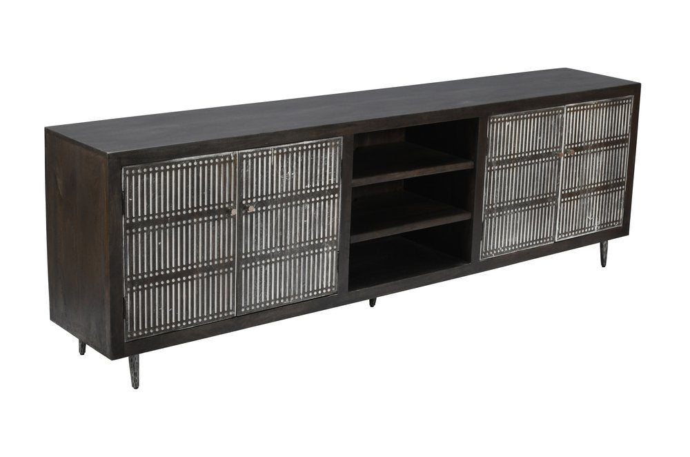 Dark Brown Carved Geometric Distressed Solid Wood Enclosed and Open Storage TV Stand