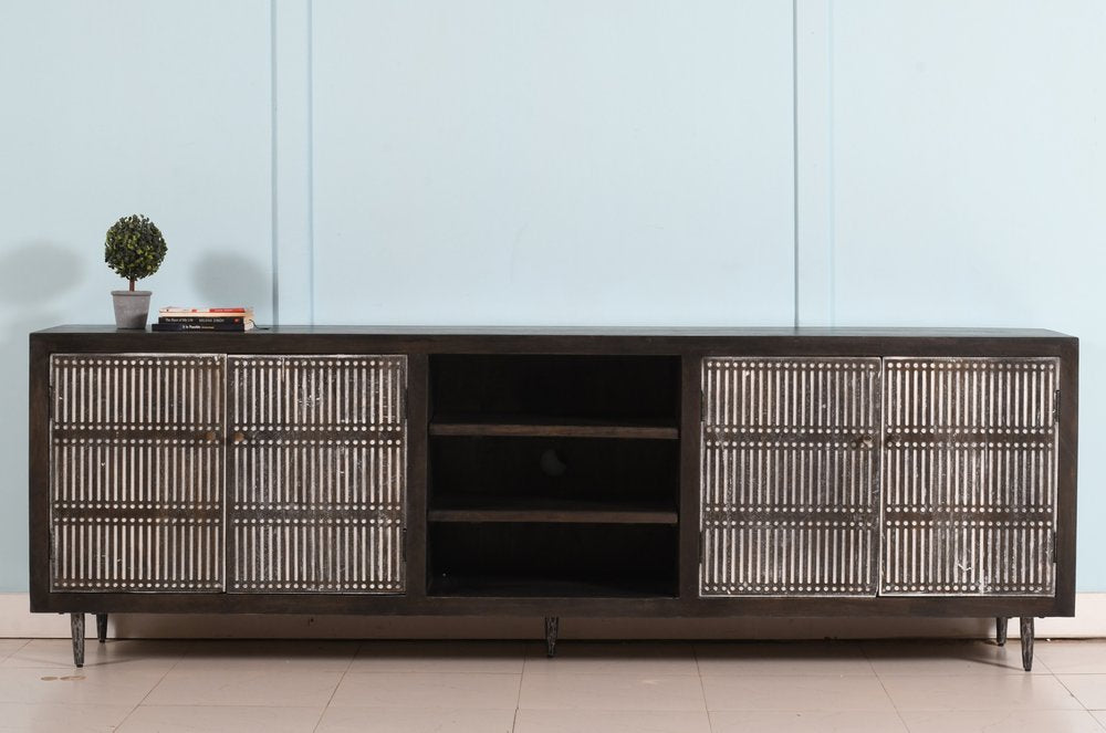 Dark Brown Carved Geometric Distressed Solid Wood Enclosed and Open Storage TV Stand