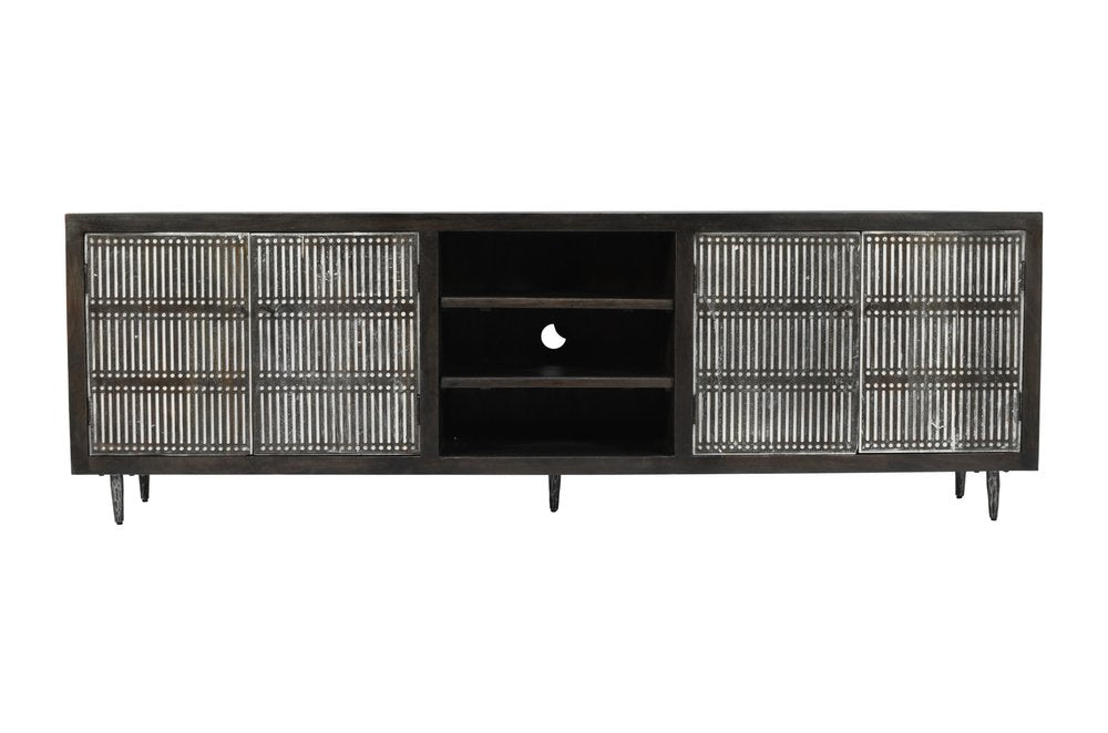 Dark Brown Carved Geometric Distressed Solid Wood Enclosed and Open Storage TV Stand