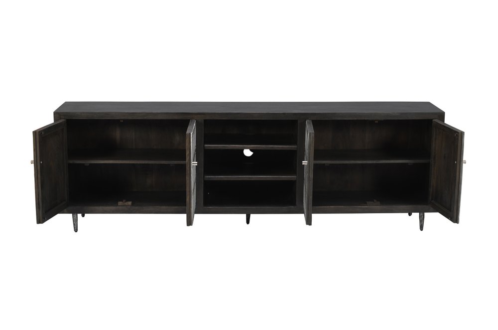 Dark Brown Carved Geometric Distressed Solid Wood Enclosed and Open Storage TV Stand