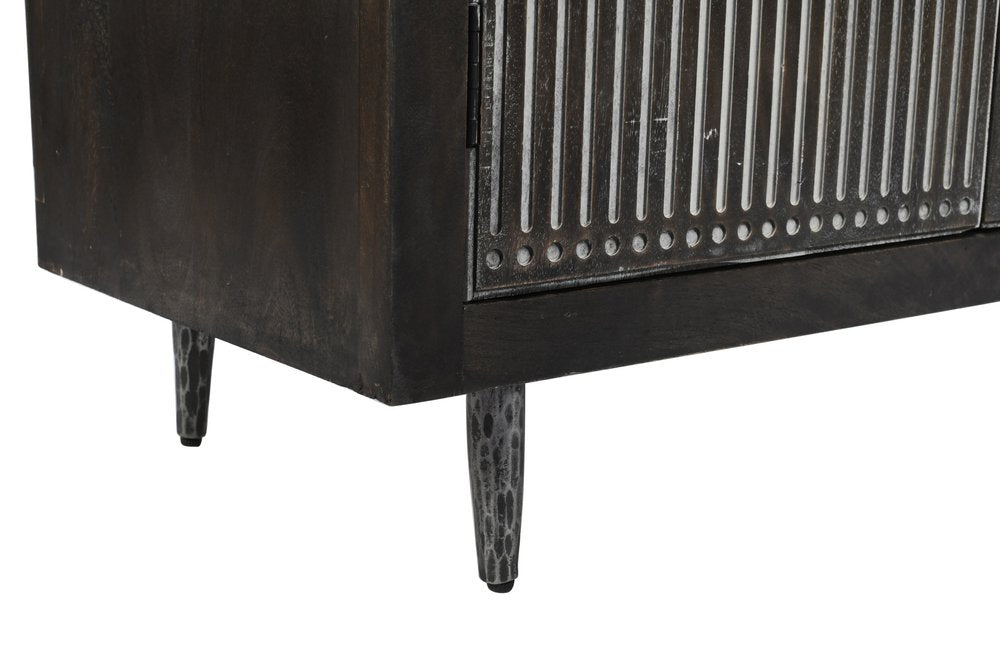 Dark Brown Carved Geometric Distressed Solid Wood Enclosed and Open Storage TV Stand