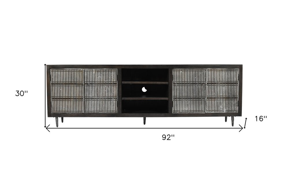 Dark Brown Carved Geometric Distressed Solid Wood Enclosed and Open Storage TV Stand