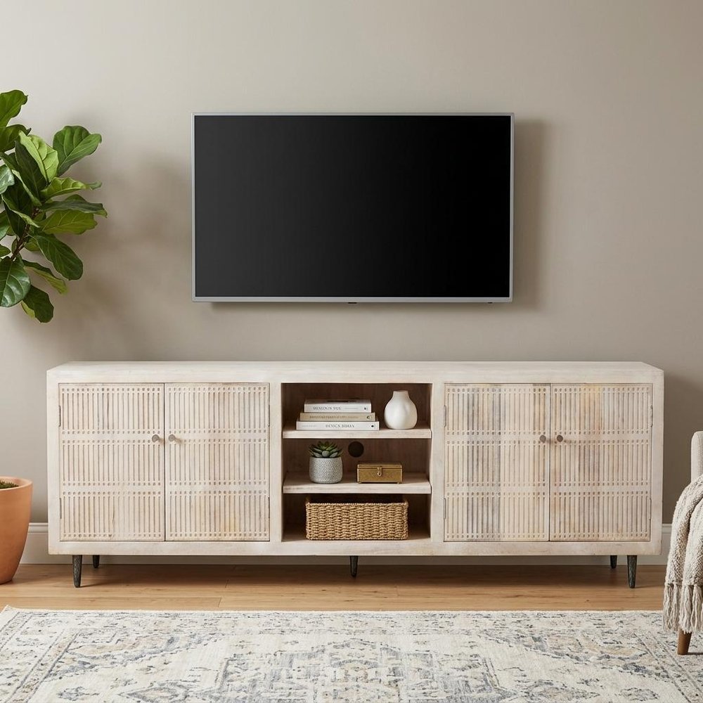 Ivory Carved Geometric Distressed Solid Wood Enclosed and Open Storage TV Stand