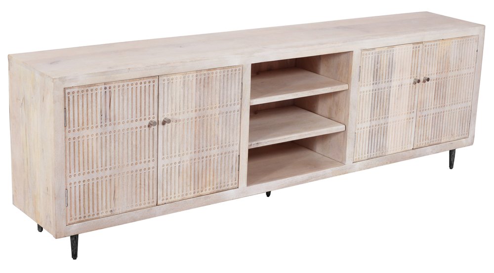 Ivory Carved Geometric Distressed Solid Wood Enclosed and Open Storage TV Stand