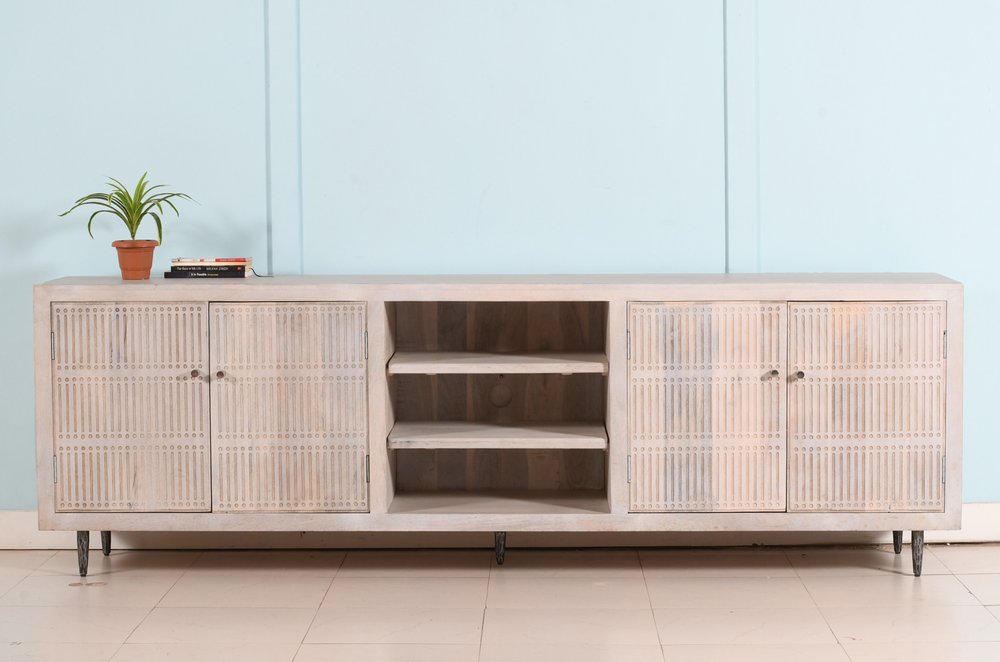 Ivory Carved Geometric Distressed Solid Wood Enclosed and Open Storage TV Stand
