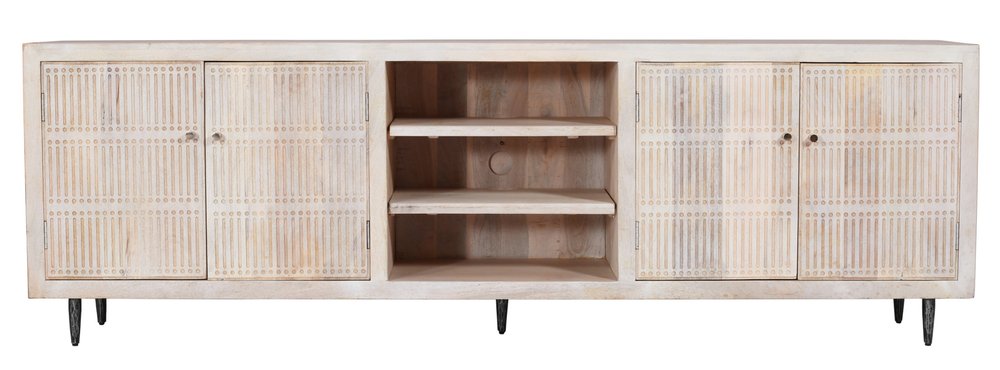 Ivory Carved Geometric Distressed Solid Wood Enclosed and Open Storage TV Stand