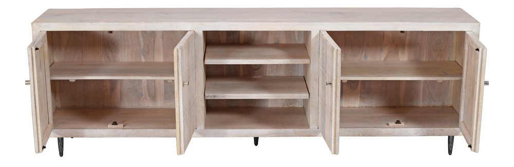 Ivory Carved Geometric Distressed Solid Wood Enclosed and Open Storage TV Stand