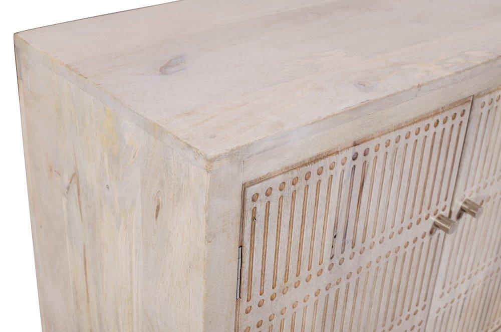 Ivory Carved Geometric Distressed Solid Wood Enclosed and Open Storage TV Stand