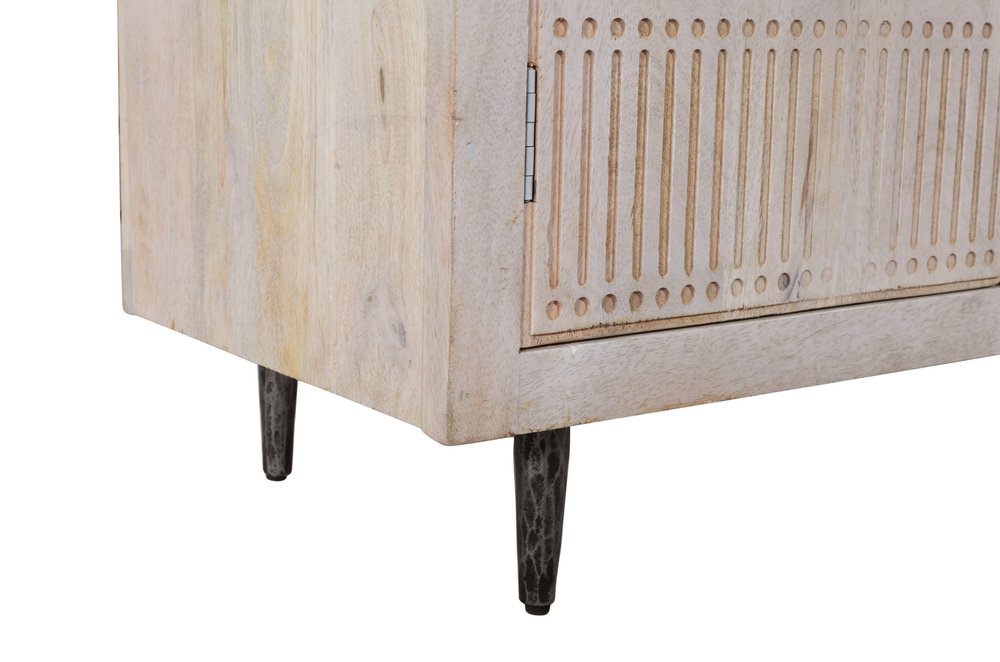 Ivory Carved Geometric Distressed Solid Wood Enclosed and Open Storage TV Stand