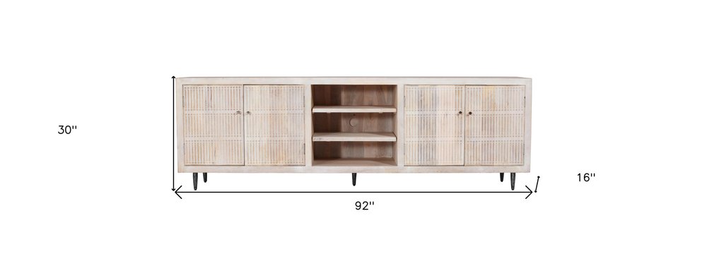 Ivory Carved Geometric Distressed Solid Wood Enclosed and Open Storage TV Stand
